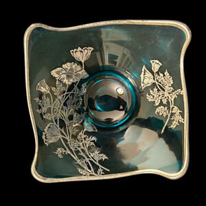 Vintage Teal Glass Bowl Silver Floral Etched Wavy Rim Mid Century